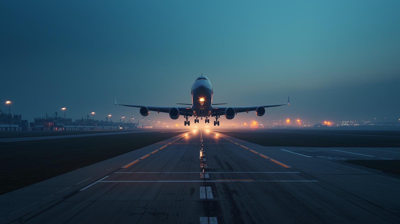 Cargo aircraft taking off from an international airport runway representing global air freight forwarding services