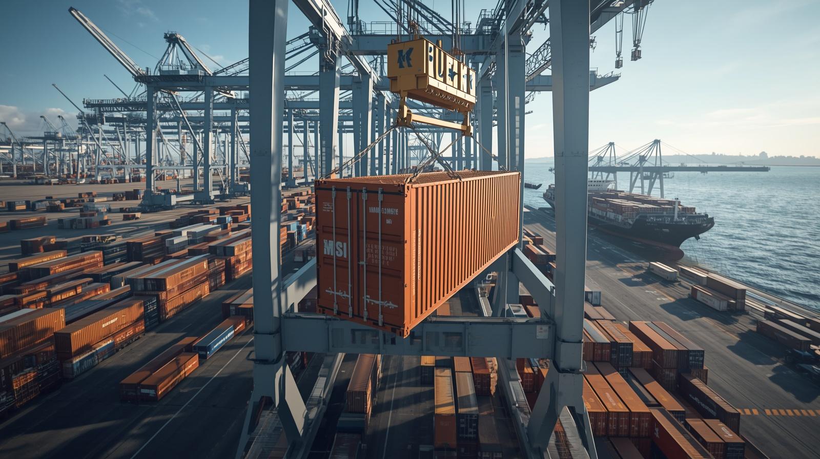 Container crane lifting a full shipping container at a busy port terminal representing full container load shipping services