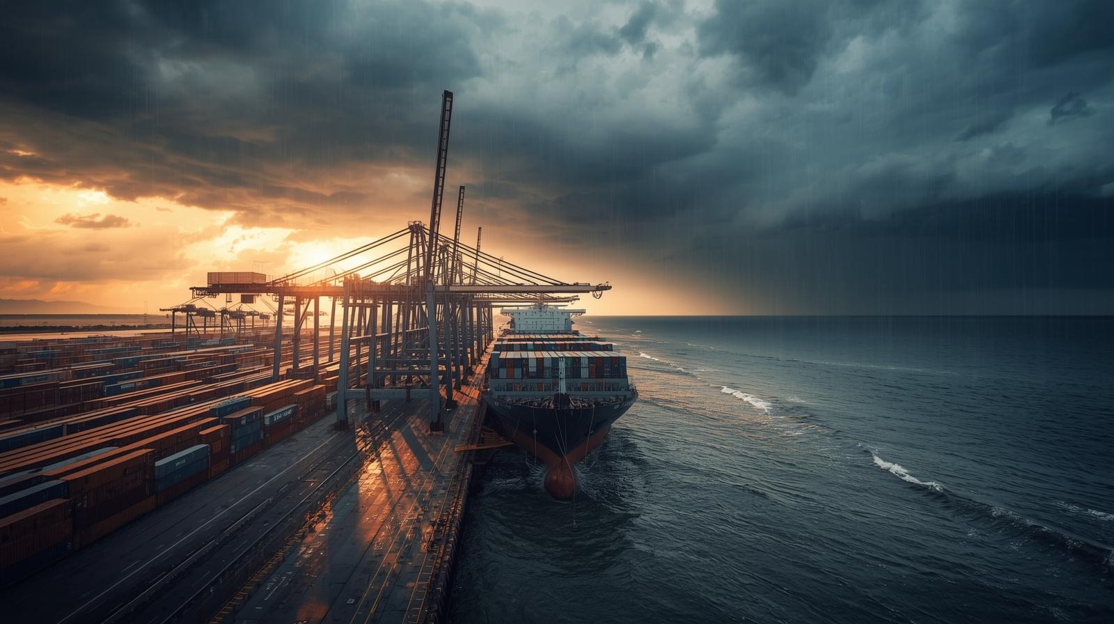 Container ship loading cargo at an Indian Ocean container port during monsoon weather with cranes and stacked shipping containers