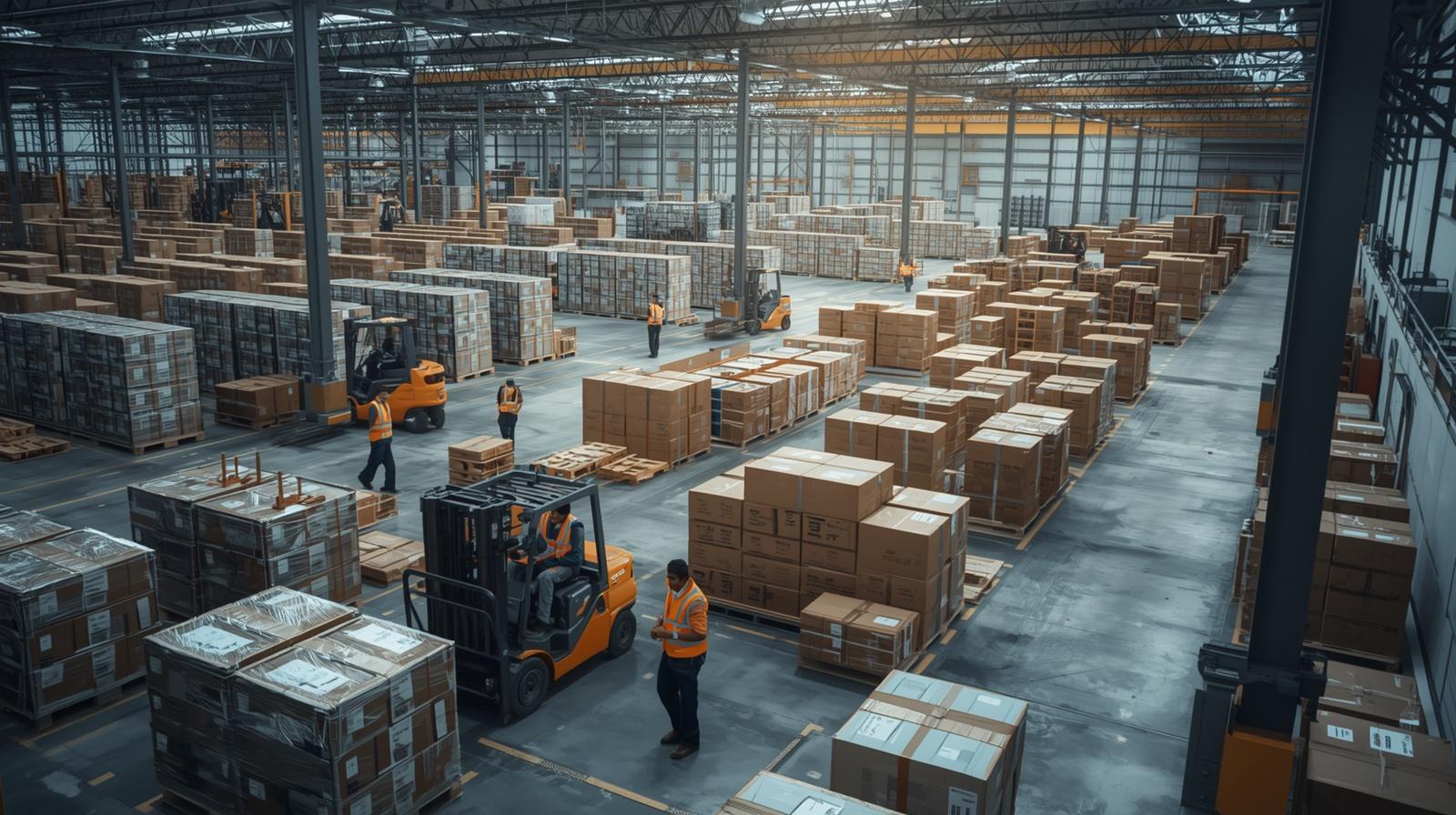 Cargo consolidation warehouse with pallets and forklifts preparing multiple shipments for LCL container shipping