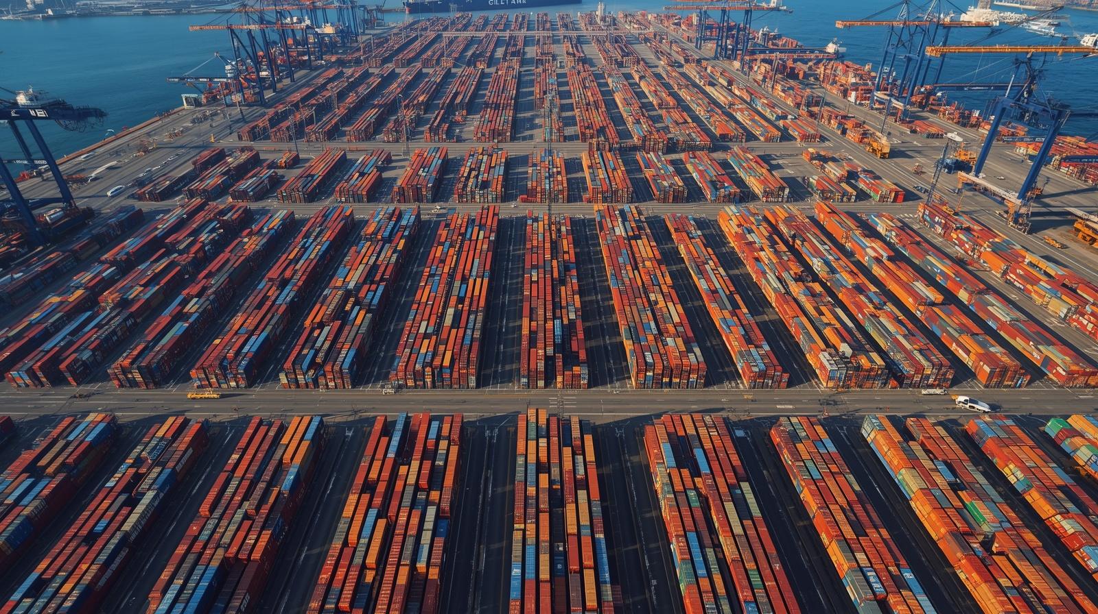 Aerial view of Ningbo-Zhoushan container port with cargo ships, container cranes and stacked shipping containers