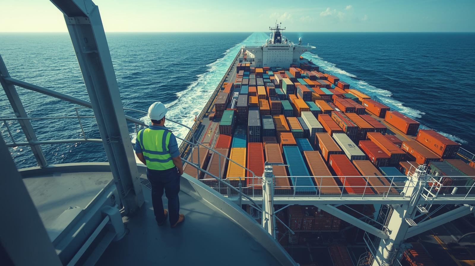 Crew member standing on the deck of a container ship observing stacked cargo containers and global ocean freight operations