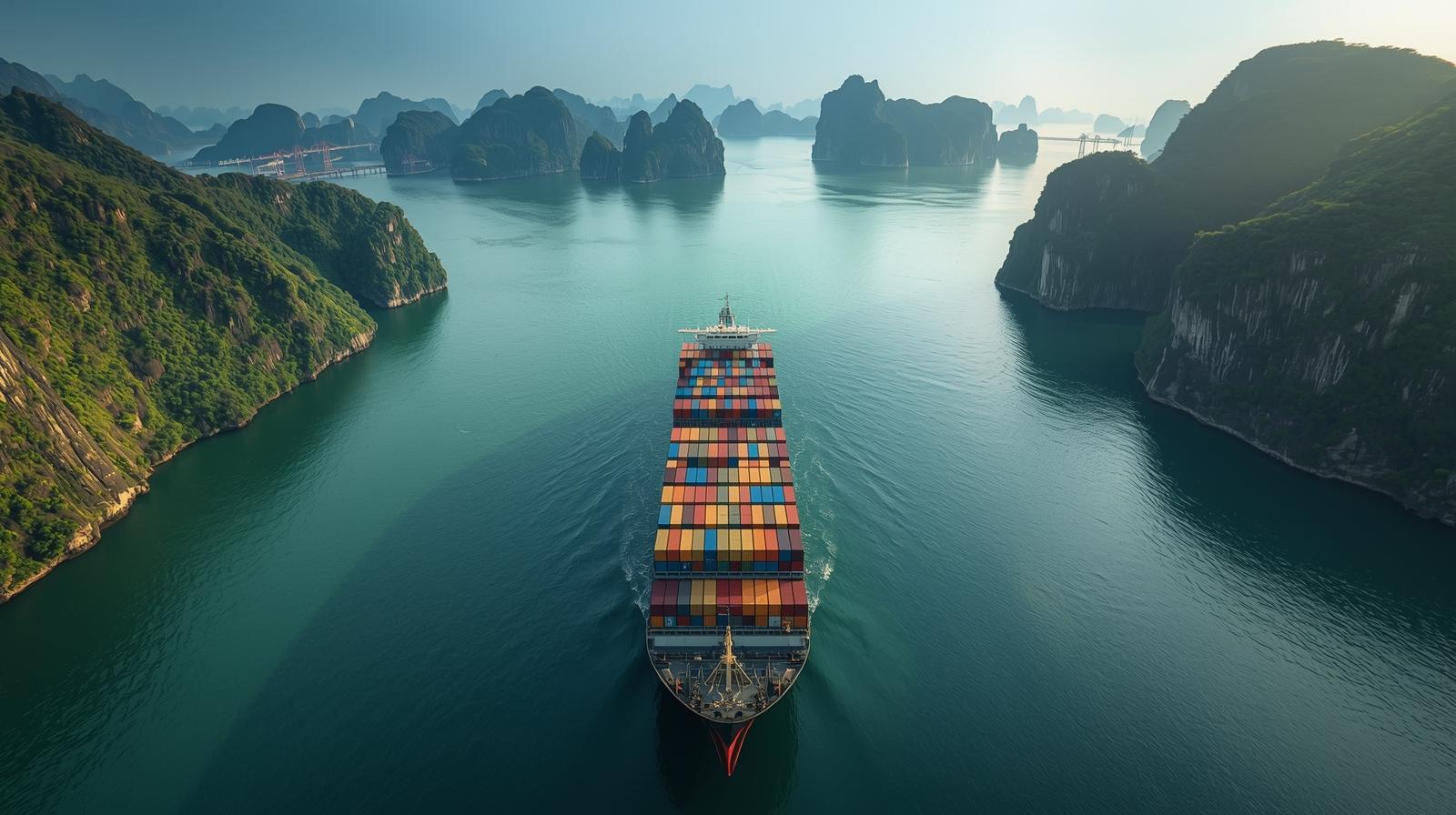 Container cargo ship navigating a tropical Vietnamese harbor with limestone islands and shipping routes toward international trade ports