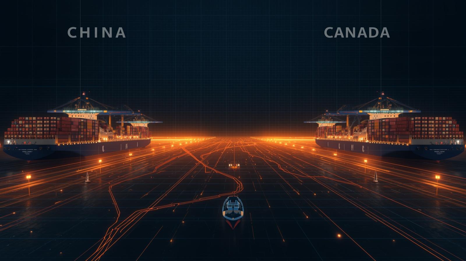 Container shipping corridor from China to Canada with cargo vessels, containers, and international freight movement