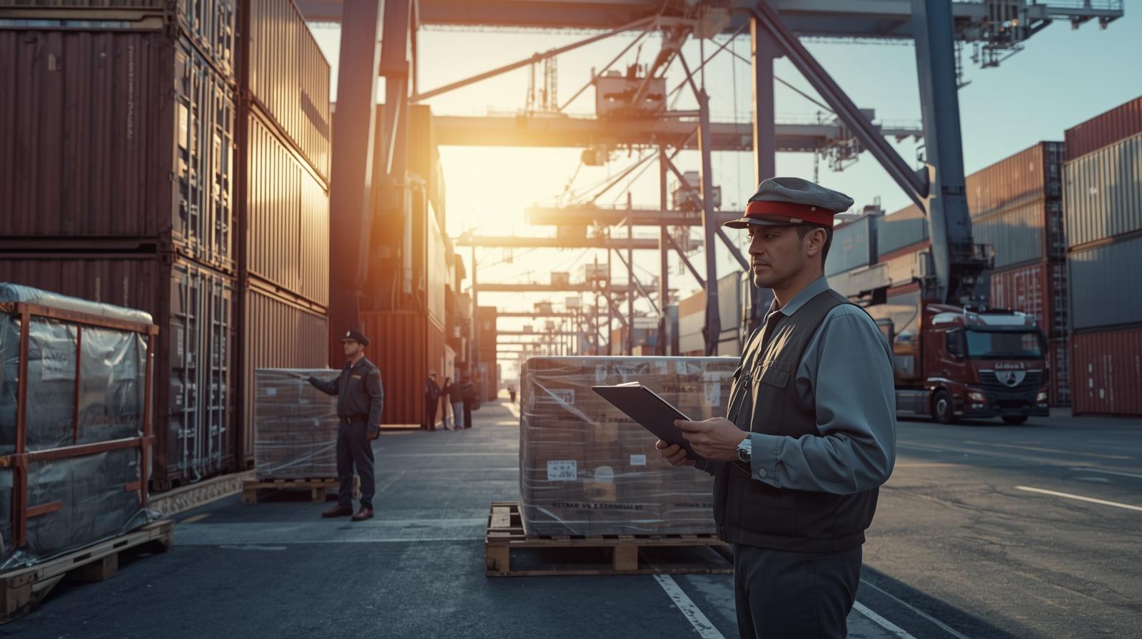 Customs officers inspecting cargo containers and shipment documents at an international terminal