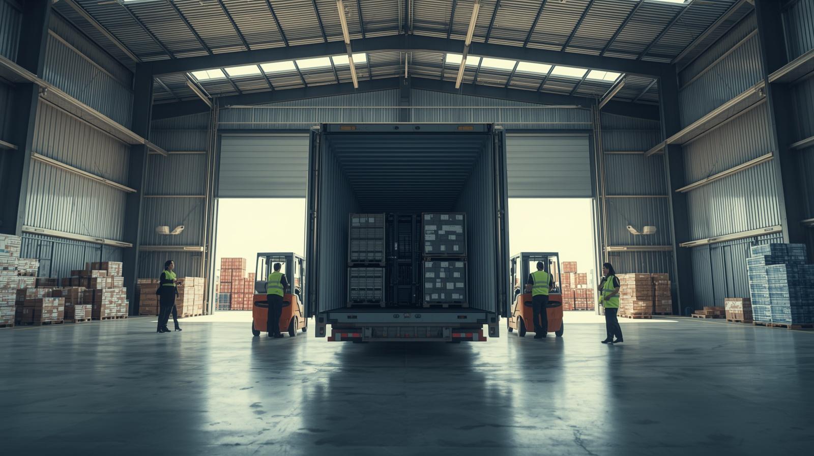 Shipping container being loaded with cargo at a factory warehouse dock representing door-to-door freight logistics services