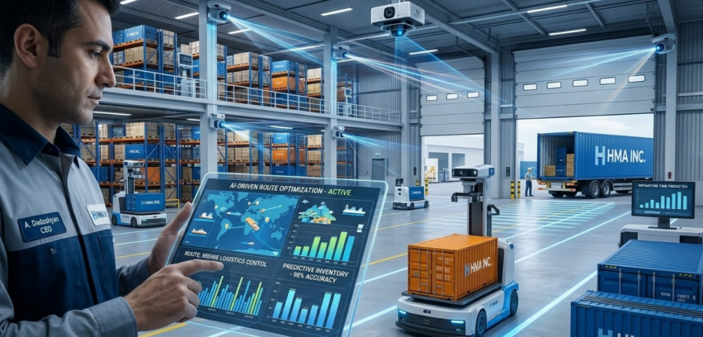 A supervisor at HMA Inc. monitoring real-time AI-driven route optimization and predictive inventory data on a digital tablet in an automated logistics hub, illustrating 2026 supply chain trends.