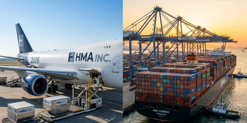 HMA Inc. logistics comparison of air cargo and ocean container shipping modes for 2026 supply chain planning.