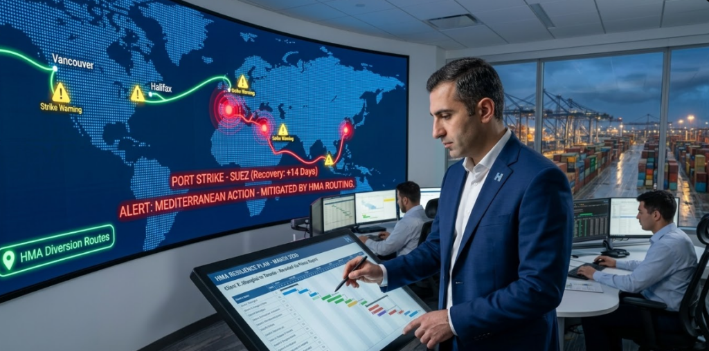 Areg Dadashyan, CEO of HMA Inc., utilizes a digital command center in March 2026 to execute tactical rerouting, bypassing global port strikes and Mediterranean disruption with data-driven resilience mapping.