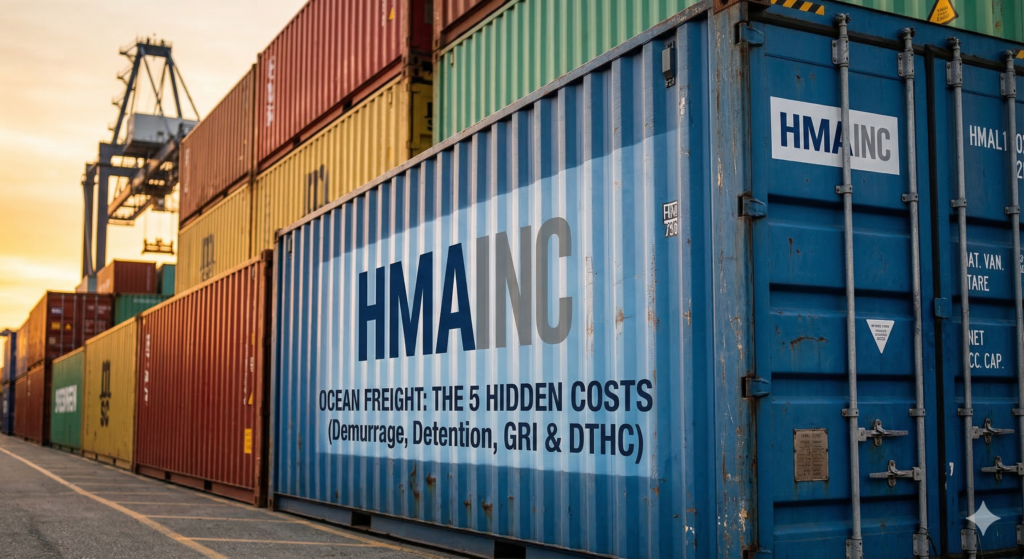 HMA Inc. shipping containers at a port illustrating ocean freight cost management for China-to-Canada routes