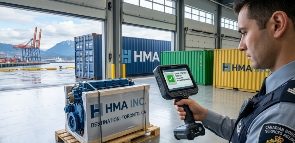 A Canadian Border Services Agency (CBSA) officer utilizing a handheld scanner to verify 'HMA Inc. CARM Status' on an industrial shipment, illustrating digital customs compliance in Vancouver for 2026.