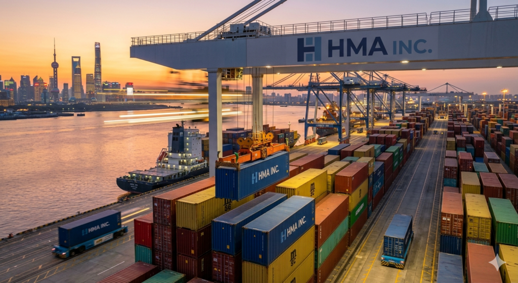 HMA Inc. container ship transit from Shanghai to Vancouver showing 2026 ocean freight routes