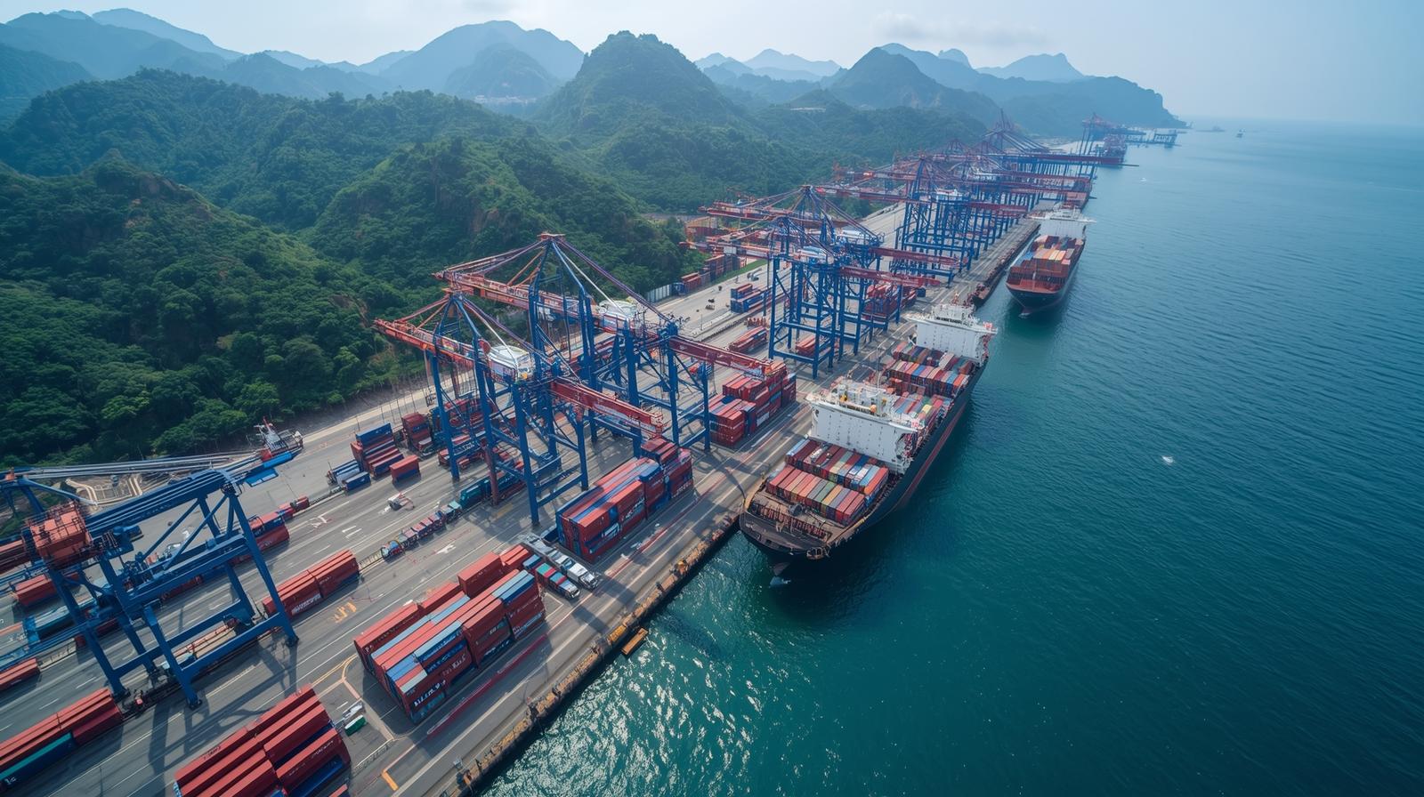 Aerial view of Yantian International Container Terminal in Shenzhen with cargo ships, gantry cranes and stacked shipping containers
